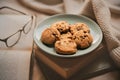 During a cozy reading of the book, there is a plate with homemade chocolate cookies to refresh yourself. Rest and a delicious Royalty Free Stock Photo