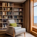 A cozy reading corner with a built-in bookshelf, a comfortable armchair, and a floor lamp4, Generative AI Royalty Free Stock Photo