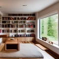 A cozy reading corner with built-in bookshelves, a window seat, and soft fairy lights3 Royalty Free Stock Photo
