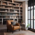 A cozy reading corner with a comfortable armchair, soft lighting, and shelves of beloved books1