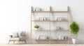 Cozy Reading Corner A modern, light-filled room featuring a wooden bookshelf filled with books and plants, and a cozy chair, Royalty Free Stock Photo