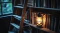 Cozy Reading Corner with Vintage Lamp and Wooden Bookshelf