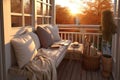 cozy reading nook on a balcony with cushions and a book