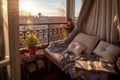 cozy reading nook on a balcony with cushions and a book