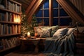 cozy reading nook with a blanket, cushions, and a book