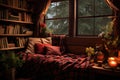 cozy reading nook with a blanket, cushions, and a book