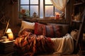 cozy reading nook with a blanket, cushions, and a book