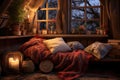 cozy reading nook with a blanket, cushions, and a book