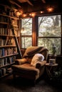 cozy reading nook with books on mental health topics