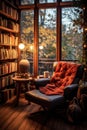 cozy reading nook with books on mental health topics