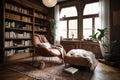 cozy reading nook, with bookshelves and armchair, in bohemian home Royalty Free Stock Photo