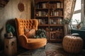 cozy reading nook, with bookshelves and armchair, in bohemian home Royalty Free Stock Photo