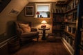 cozy reading nook, with bookshelves, plush armchair and throw blanket Royalty Free Stock Photo