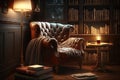 a cozy reading nook with brown leather chair, a stack of books, and a glass of wine