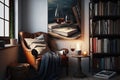 a cozy reading nook with brown leather chair, a stack of books, and a glass of wine