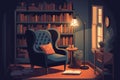 Cozy Reading Nook with Candlelit Bookshelf & Overstuffed Armchair