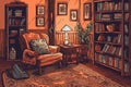 Cozy Reading Nook with Candlelit Bookshelf & Overstuffed Armchair