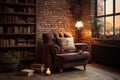 Cozy reading nook with a comfortable armchair and a stack of books. Generative AI