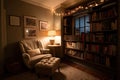 cozy reading nook, with comfy chair, bookshelf and warm lighting