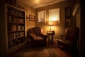 cozy reading nook, with comfy chair, bookshelf and warm lighting