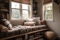 cozy reading nook with cushioned window seat, soft blankets, and stack of books