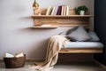 Cozy reading nook with an empty wall and a floating bookshelf with a small stack of books. Generative AI