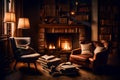 A cozy reading nook by a fireplace, with a comfortable armchair, a stack of books, and warm, soft lighting