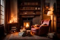 A cozy reading nook by a fireplace, with a comfortable armchair, a stack of books, and warm, soft lighting