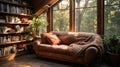 A cozy reading nook with floor-to-ceiling bookshelves and comfortable seating.