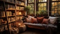 A cozy reading nook with floor-to-ceiling bookshelves and comfortable seating.