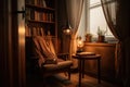 a cozy reading nook with a lamp and book