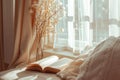 Cozy reading nook with light and airy curtain. Generative AI