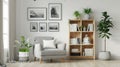 A cozy reading nook is nestled in the corner of the room with a comfortable gray armchair and a wooden bookshelf filled Royalty Free Stock Photo