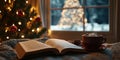 A Cozy Reading Nook with an Open Book a Cup of Tea and Soft Lighting for Winter Relaxation Royalty Free Stock Photo