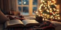 A Cozy Reading Nook with an Open Book a Cup of Tea and Soft Lighting for Winter Relaxation Royalty Free Stock Photo