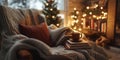 A Cozy Reading Nook with an Open Book a Cup of Tea and Soft Lighting for Winter Relaxation Royalty Free Stock Photo