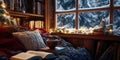 A Cozy Reading Nook with an Open Book a Cup of Tea and Soft Lighting for Winter Relaxation Royalty Free Stock Photo