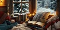 A Cozy Reading Nook with an Open Book a Cup of Tea and Soft Lighting for Winter Relaxation Royalty Free Stock Photo