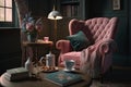 a cozy reading nook with a pink armchair, a stack of books, and tea service