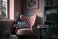 a cozy reading nook with a pink armchair, a stack of books, and tea service