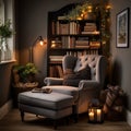 Cozy reading nook plush armchair, bookshelf filled with books of all genres, reading time, elegant interior design Royalty Free Stock Photo