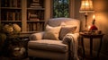 Cozy reading nook plush armchair, bookshelf filled with books of all genres, reading time, elegant interior design Royalty Free Stock Photo