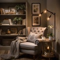 Cozy reading nook plush armchair, bookshelf filled with books of all genres, reading time, elegant interior design Royalty Free Stock Photo