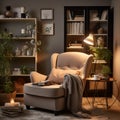 Cozy reading nook plush armchair, bookshelf filled with books of all genres, reading time, elegant interior design Royalty Free Stock Photo