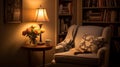 Cozy reading nook plush armchair, bookshelf filled with books of all genres, reading time, elegant interior design Royalty Free Stock Photo