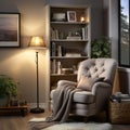 Cozy reading nook plush armchair, bookshelf filled with books of all genres, reading time, elegant interior design Royalty Free Stock Photo