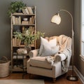 Cozy reading nook plush armchair, bookshelf filled with books of all genres, reading time, elegant interior design Royalty Free Stock Photo