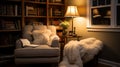 Cozy reading nook plush armchair, bookshelf filled with books of all genres, reading time, elegant interior design Royalty Free Stock Photo