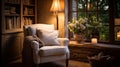 Cozy reading nook plush armchair, bookshelf filled with books of all genres, reading time, elegant interior design Royalty Free Stock Photo