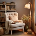 Cozy reading nook plush armchair, bookshelf filled with books of all genres, reading time, elegant interior design Royalty Free Stock Photo